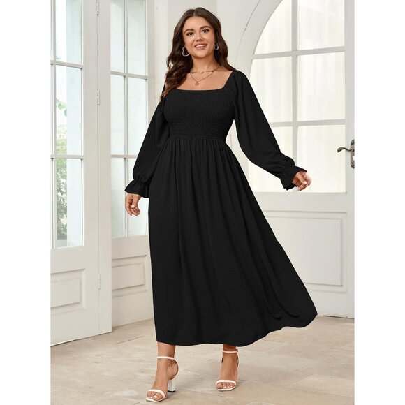 Plus Size Maxi Dress Long Sleeve Square Neck Smocked Boho Wedding Party - Picture 2 of 7